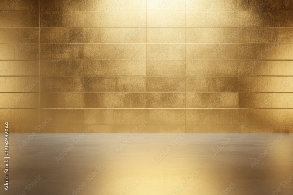 Poster a minimalist backdrop featuring a golden wall with horizontal patterns and reflective floor.