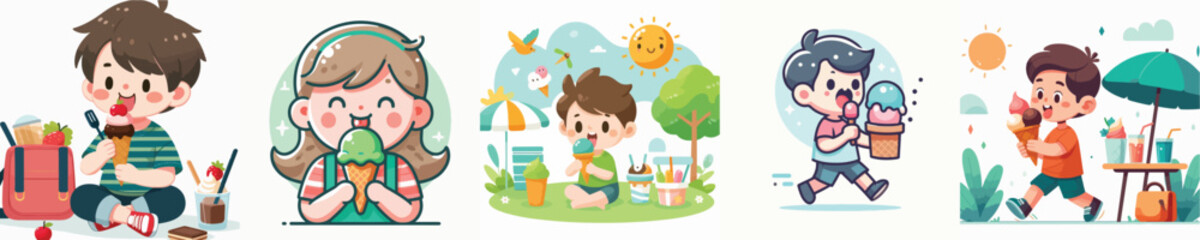 Vector of a young child eating ice cream.