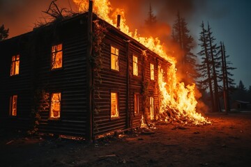 Fototapeta premium A House on Fire in the Woods With Trees in the Background - Generative AI
