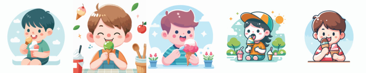 Vector of a young child eating ice cream.