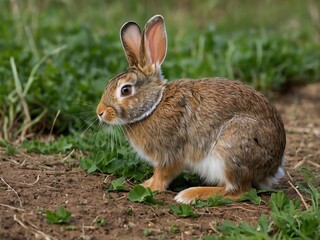 Fototapeta premium Charming Wild Rabbit with Soft Fur Sitting Alert in Natural Habitat - Explore Outdoor Wildlife in Grassland