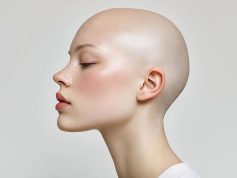 A woman with a bald head and a white shirt