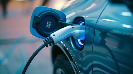 Close-up of electric car charging port, eco friendly and alternative energy and transportation concept , blurry background