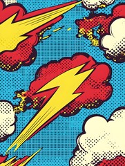 a seamless pop art design with comic-style elements such as exploding clouds, lightning bolts, and dynamic action lines in primary colors, creating a fun and energetic vibe