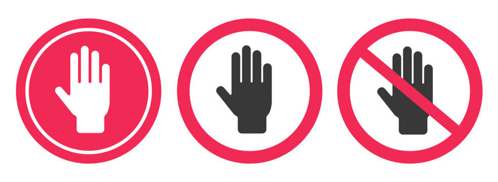Do not touch icon sign vector set, stop hand or no entry red symbol, stop stocker shape silhouette safety warning caution gesture access clip art
