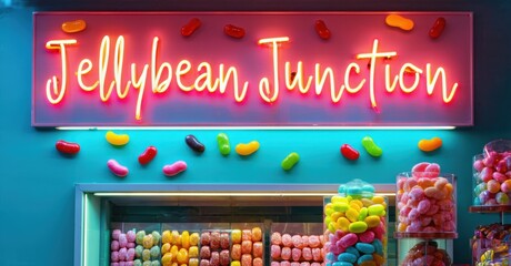 Neon sign jellybean junction vibrant coral turquoise floating playful candy shop shaped outlines surrounding it