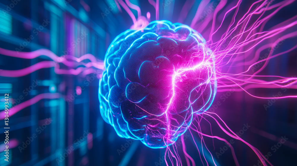 Poster artificial intelligence: glowing brain with electrical impulses, representing neural network and tho