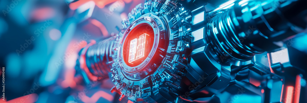 Poster futuristic data core: an abstract glowing server rack housed within a complex, technological device,