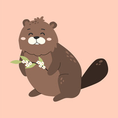 Adorable forest animal design featuring a cheerful beaver holding flowers.
