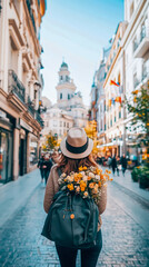 Obraz premium Fall promenade: A lady's meander through the lane with blossoms and architecture