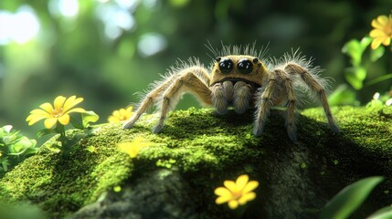 Fototapeta premium A detailed close-up of a fluffy spider perched on a mossy rock surrounded by vibrant flowers in a lush garden setting