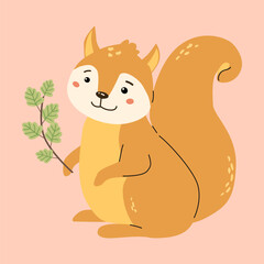 Cute forest animals theme featuring a smiling squirrel holding a branch.