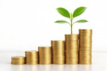 Financial Growth Concept with Stacked Coins and Green Plant