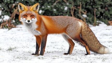 Fototapeta premium A stunning red fox standing gracefully in a snowy landscape, showcasing its vibrant fur and striking features in a serene winter setting.