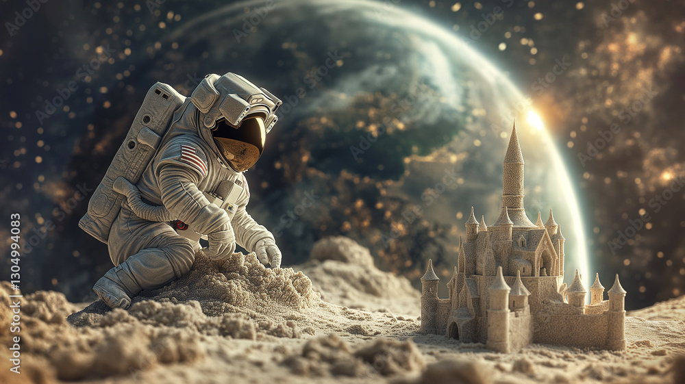 Poster this astronaut builds a sandcastle on a moon-like surface, surrounded by stars and a planet.