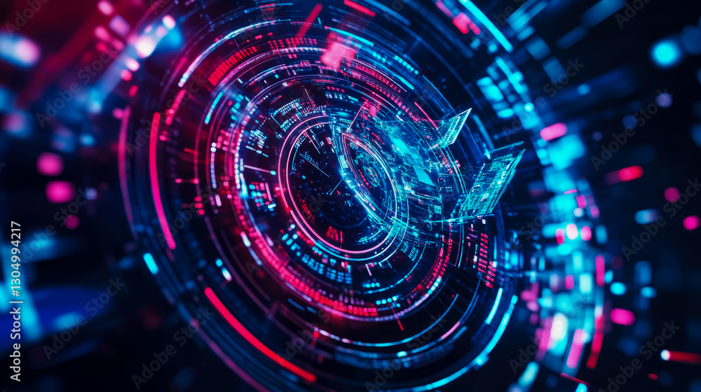 Poster complex data: abstract circular matrix of digital information flow, neon glow
