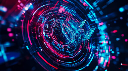 Obraz premium Complex data: Abstract circular matrix of digital information flow, neon glow