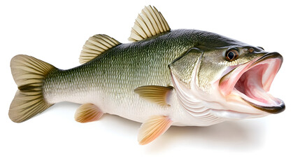 Obraz premium A Freshly Caught Bass With Open Jaws Against a White Background