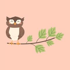 Cute forest animals collection featuring smiling owl on branch.