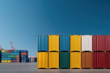 Fototapeta premium Colorful shipping containers stacked at seaport terminal under clear sky. Efficient logistics and global trade concepts illustrated visually.