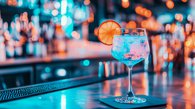 Nightlife cocktail: Refreshing drink with orange slice at a lively bar, ideal for party promotion or bar menu