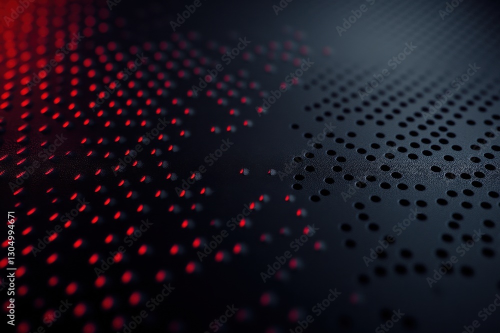 Poster abstract dark surface with patterned holes lit by red light creating a futuristic texture