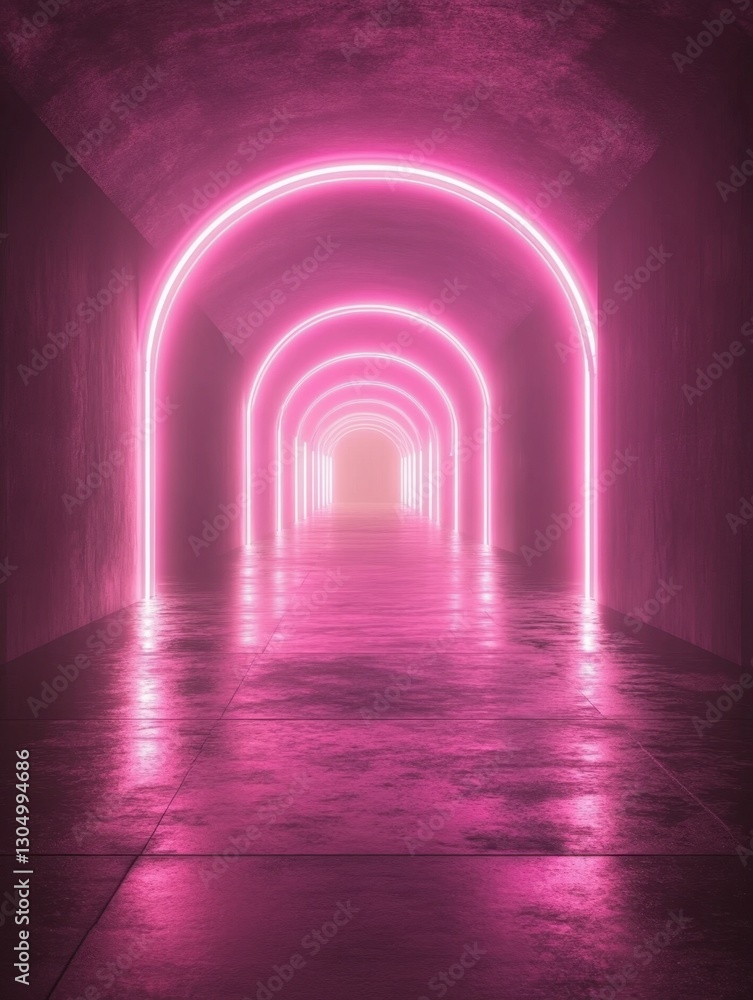 Poster abstract neon tunnel with glowing pink arches and reflective floor creating a futuristic and immersi