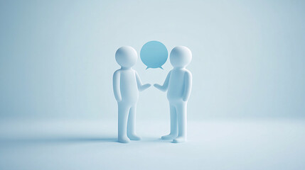Minimalist 3D illustration of two white figures with speech bubble on light blue background

