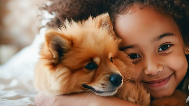 A little girl tenderly hugs her puppy and lies on the bed in a bright bedroom in the morning. Friendship concept between child and pet, copy space for text
