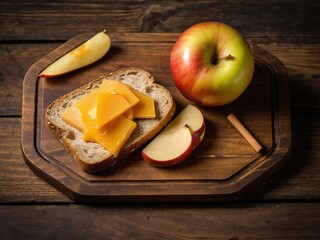 Healthy Eating with Artisanal Bread and Cheddar Cheese on Wooden Board - A Delicious Autumn Snack
