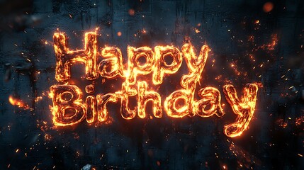 Flaming "Happy Birthday" graffiti with glowing fire accents outlining the letters, vibrant sparks and embers scattered around, set on a dark concrete wall, dramatic and intense atmosphere, ultra HD.
