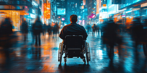 Naklejka premium Person in wheelchair navigates the vibrant city night, blending in with the lively crowd and bright lights, capturing the essence of urban life.