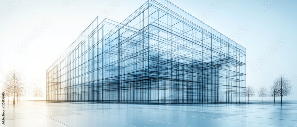 Poster architectural blueprint of a modern glass building with trees under a bright sky creating a futurist