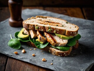 Savory Grilled Chicken Sandwich with Whole Grain Bread and Avocado - Gourmet Healthy Meal Recipe