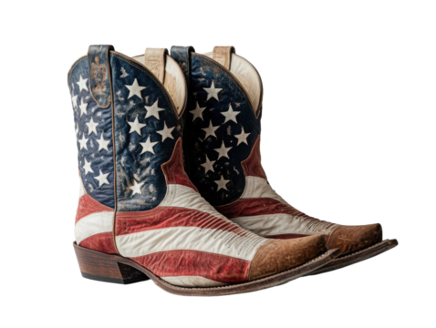 Cowboy boots with USA flag print on transparent background