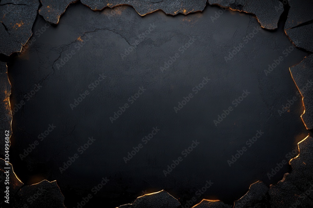 Poster dark texture frame: abstract black background framed by textured material with golden edges