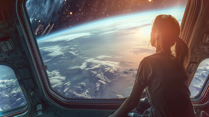 Fototapeta premium This young traveler admires Earth's breathtaking view from a spacecraft during a suborbital trip.