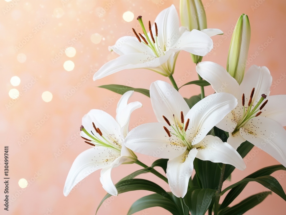 Aufkleber elegant white lilies in full bloom against a soft peach backdrop creating a serene and romantic atmo