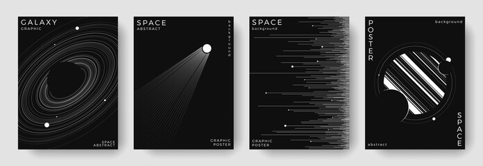 Set of abstract space astronomy backgrounds. Line art galaxy, meteorites, planet, black hole. Black and white science minimal concept. Cosmic modern design for cover, poster, banner, flyer, brochure © Anastasiya Stoma