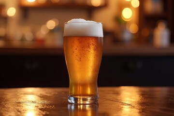 A glass of beer very cold on the table