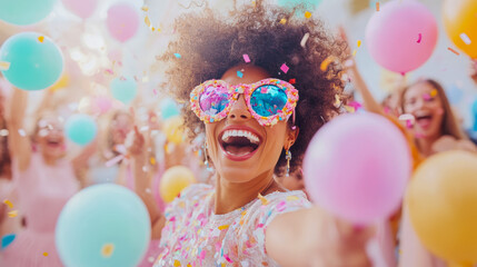 Joyful Celebration: A Woman's Gleeful Expression at a Party with Balloons and Confetti