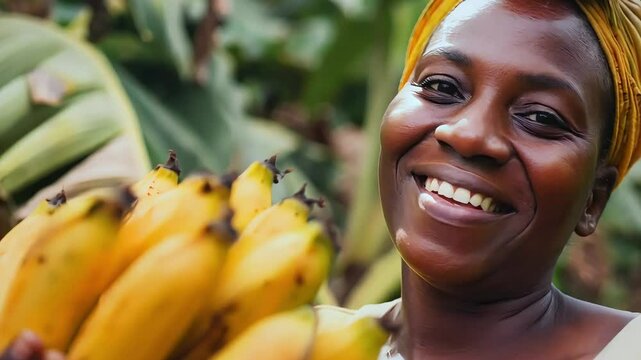Smiling African woman holding bananas in her hands. Harvest and gathering fruits concept.
