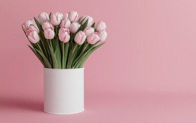 Obraz premium pink tulip bouquet in white vase on a soft pink background