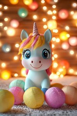 Fototapeta premium Cute unicorn with colorful lanterns in a joyful celebration scene.