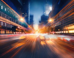 Fototapeta premium A vibrant city street at night is illuminated by colorful lights and fast-moving traffic, creating stunning light trails.