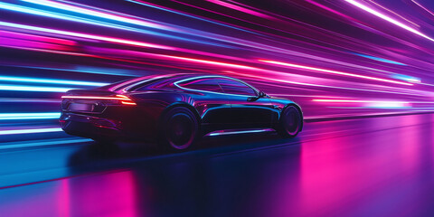 Night Rider: Sleek car speeding through a neon-lit cityscape, streaks of vibrant colors blur into a tunnel of speed. Automotive motion in a cyberpunk glow.
