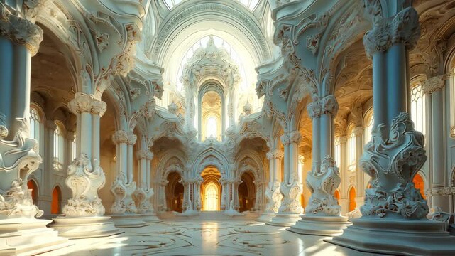 A stunning interior with delicate carvings and majestic columns, illuminated by soft light streaming through elegant windows