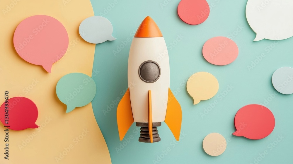 Poster design playful rocket model surrounded by colorful shapes.
