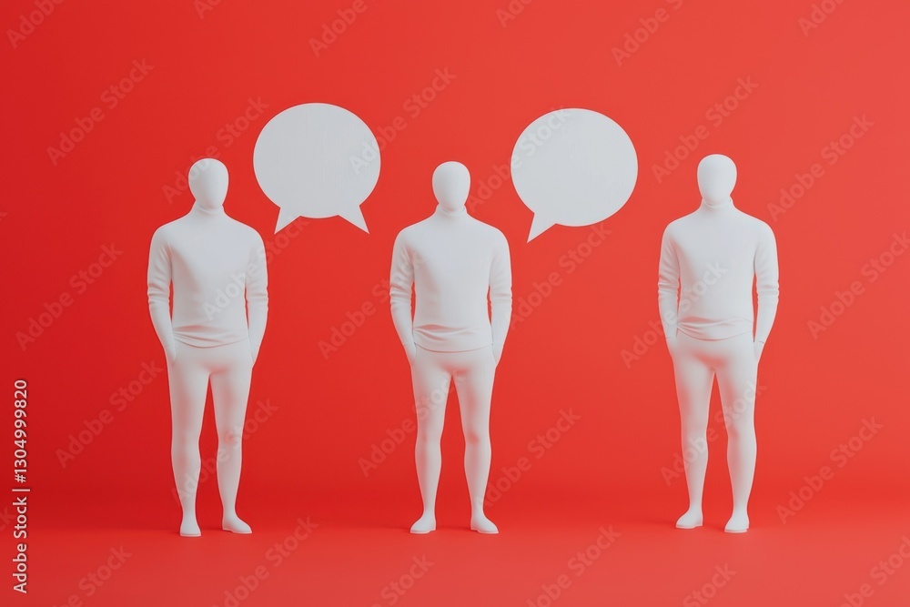 Poster three abstract figures with speech bubbles on a red background.