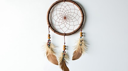 Mystical dreamcatcher with feathers and beads on solid white background.